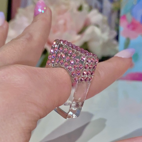 Clear Acrylic Ring With Pink Swarovski Crystals, Geometric Square Art Deco Ring - Picture 3 of 11